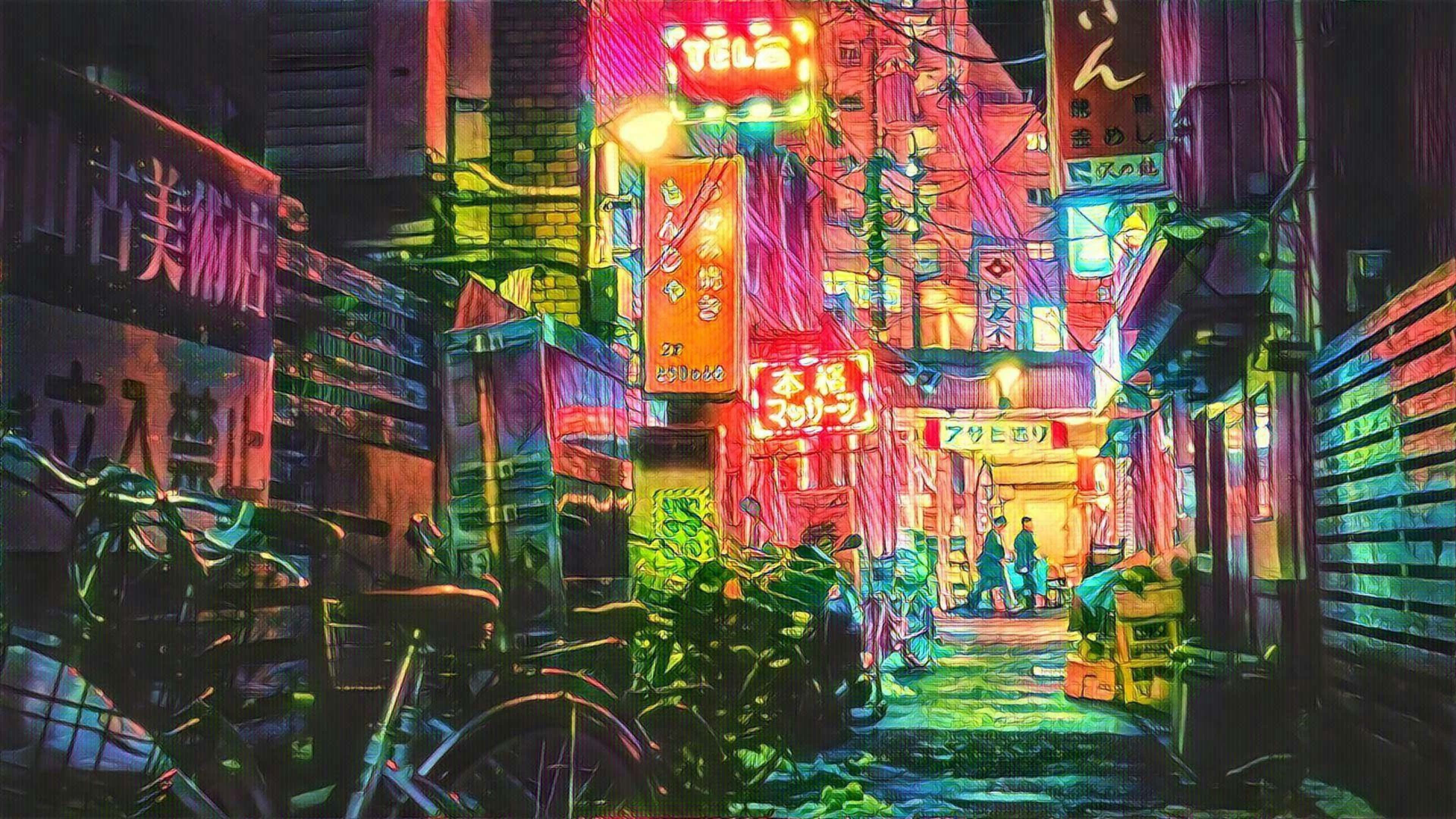 霓虹燈照亮的小巷，一輛自行車與招牌 壁紙