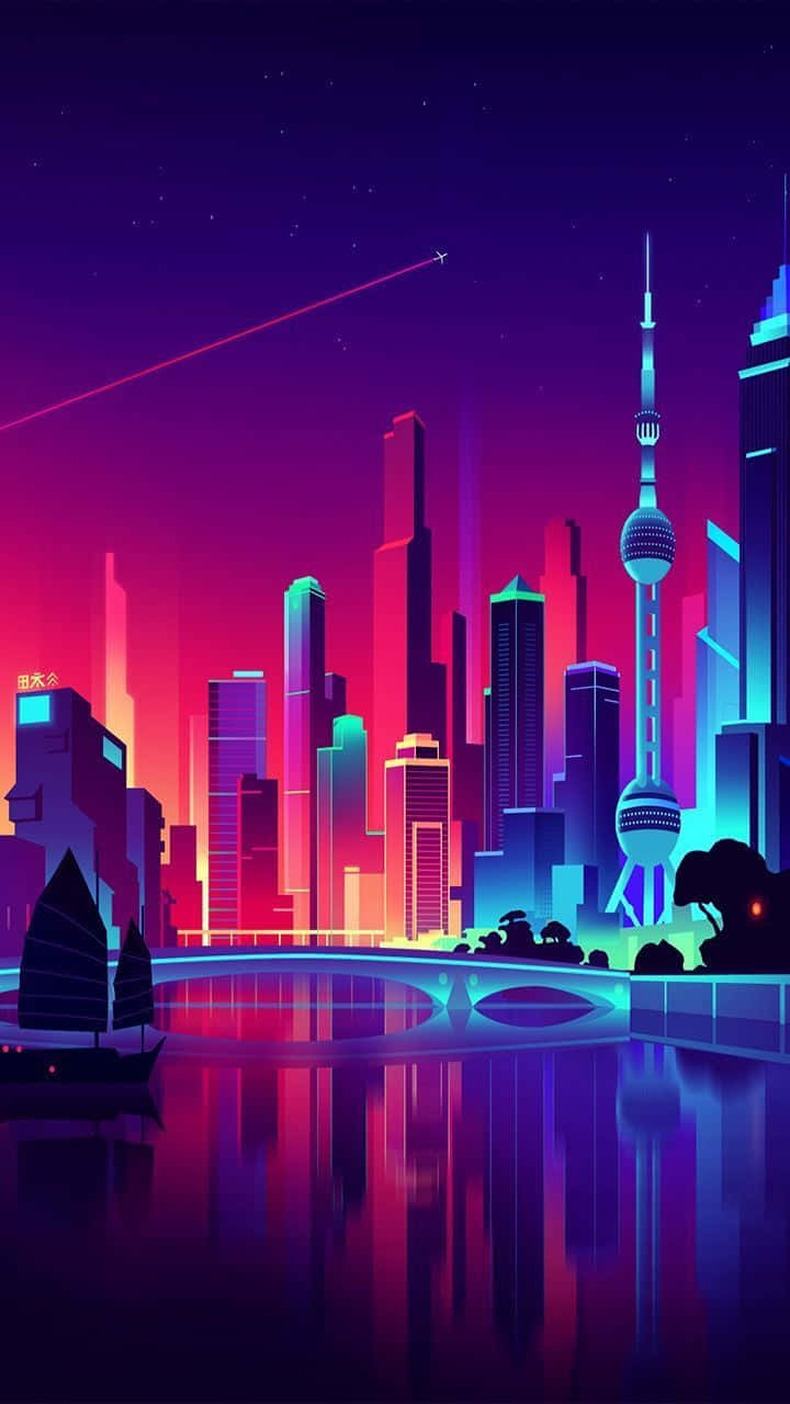霓虹燈點綴的城市景觀與一艘小船 壁紙