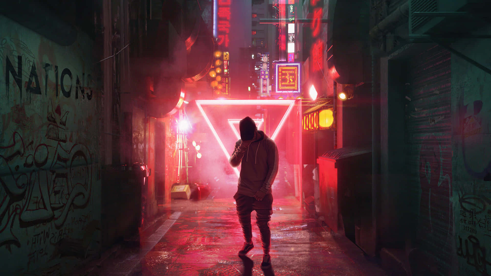 霓虹红倒三角巷弄背景 壁紙