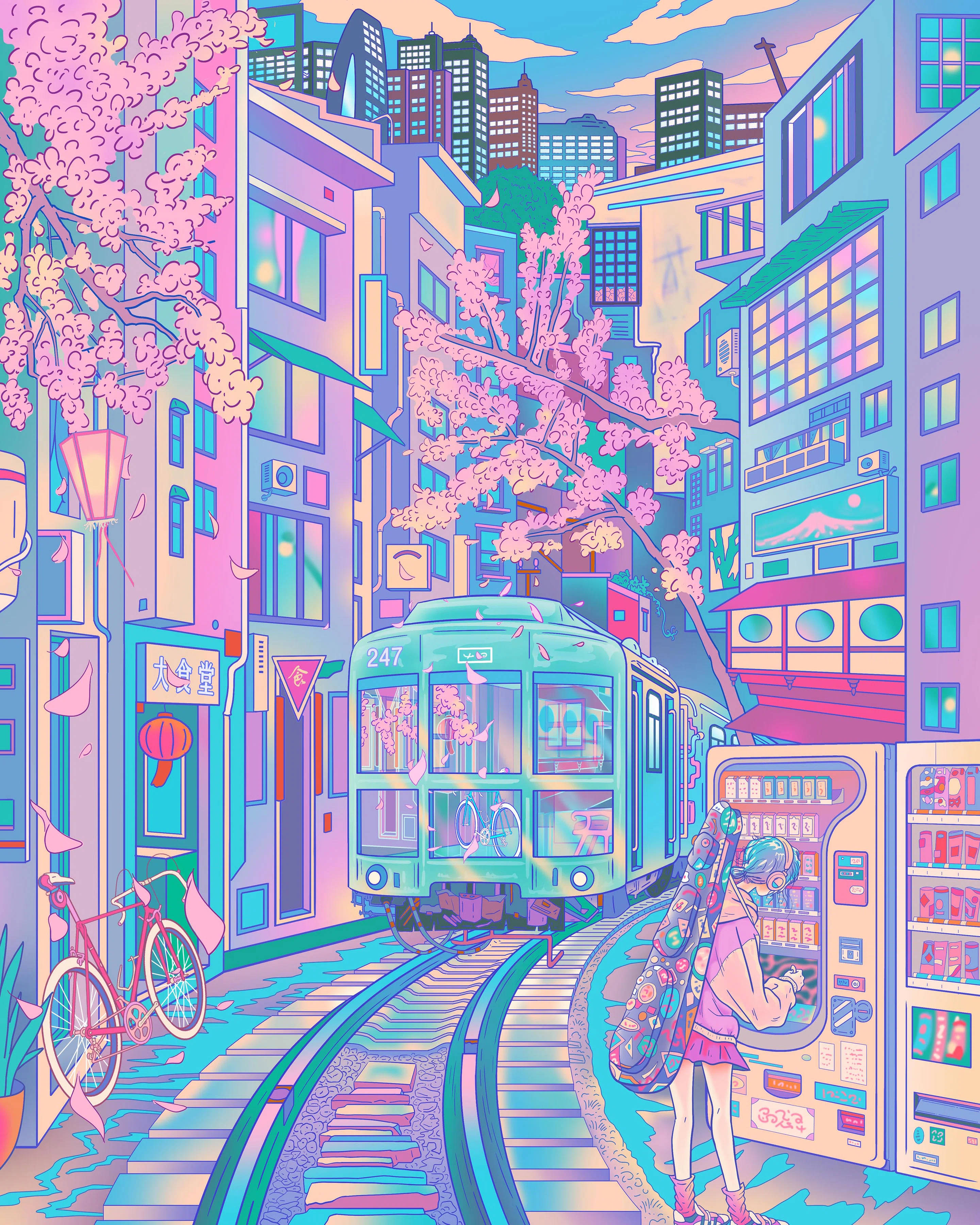 駛入粉彩日式美學城市的列車 壁紙