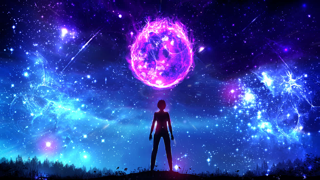 魔法夜空中的發光形體與女子剪影 壁紙