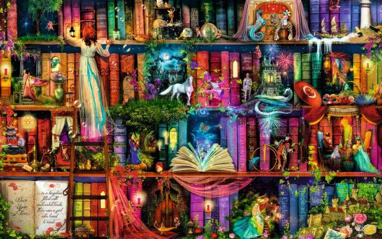 魔法書架圖書館背景 壁紙