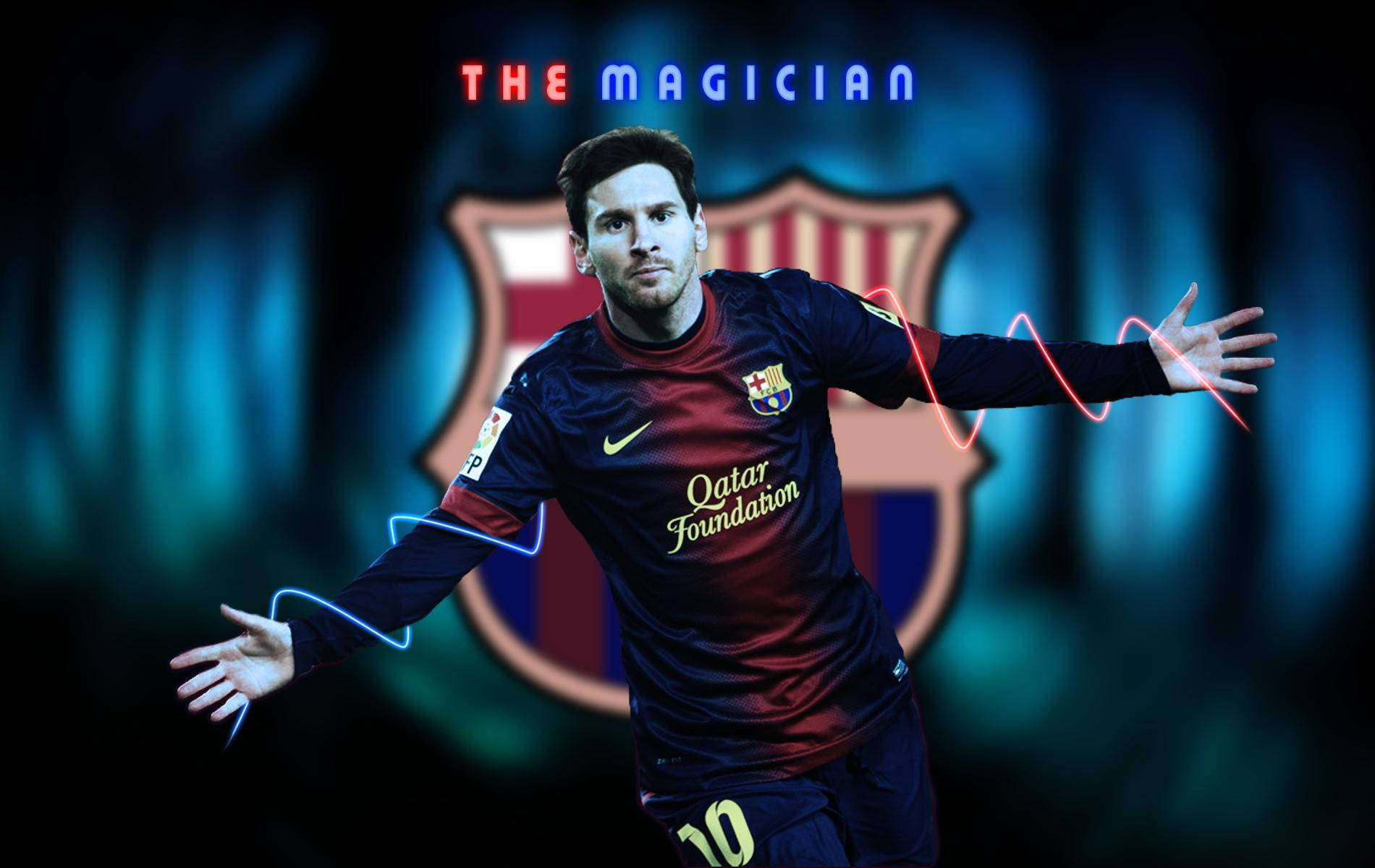 Lionel Messi 搭配「魔術師」文字與 FCB 標誌桌布