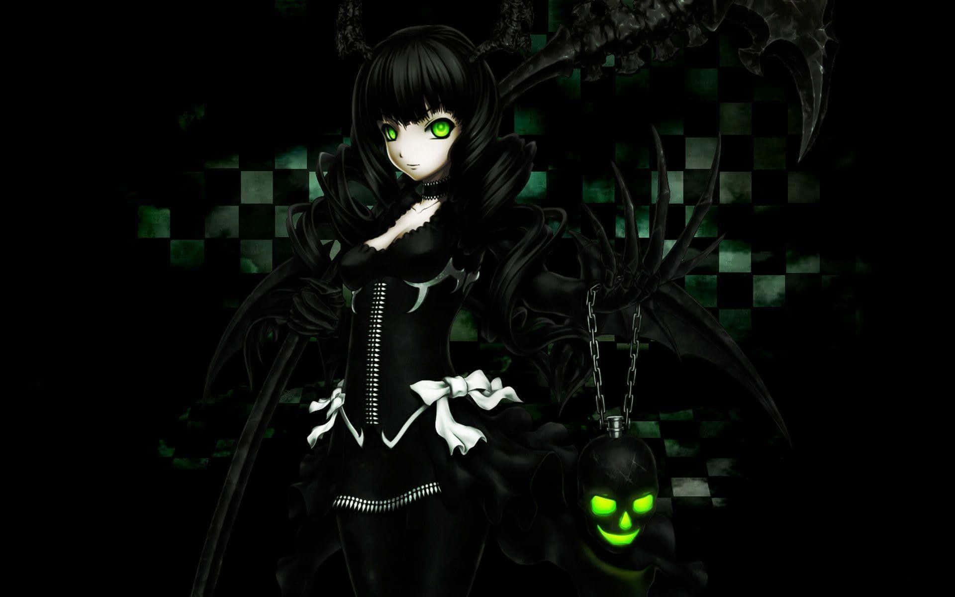 黑白格紋動漫頭像：綠眼惡魔少女 壁紙