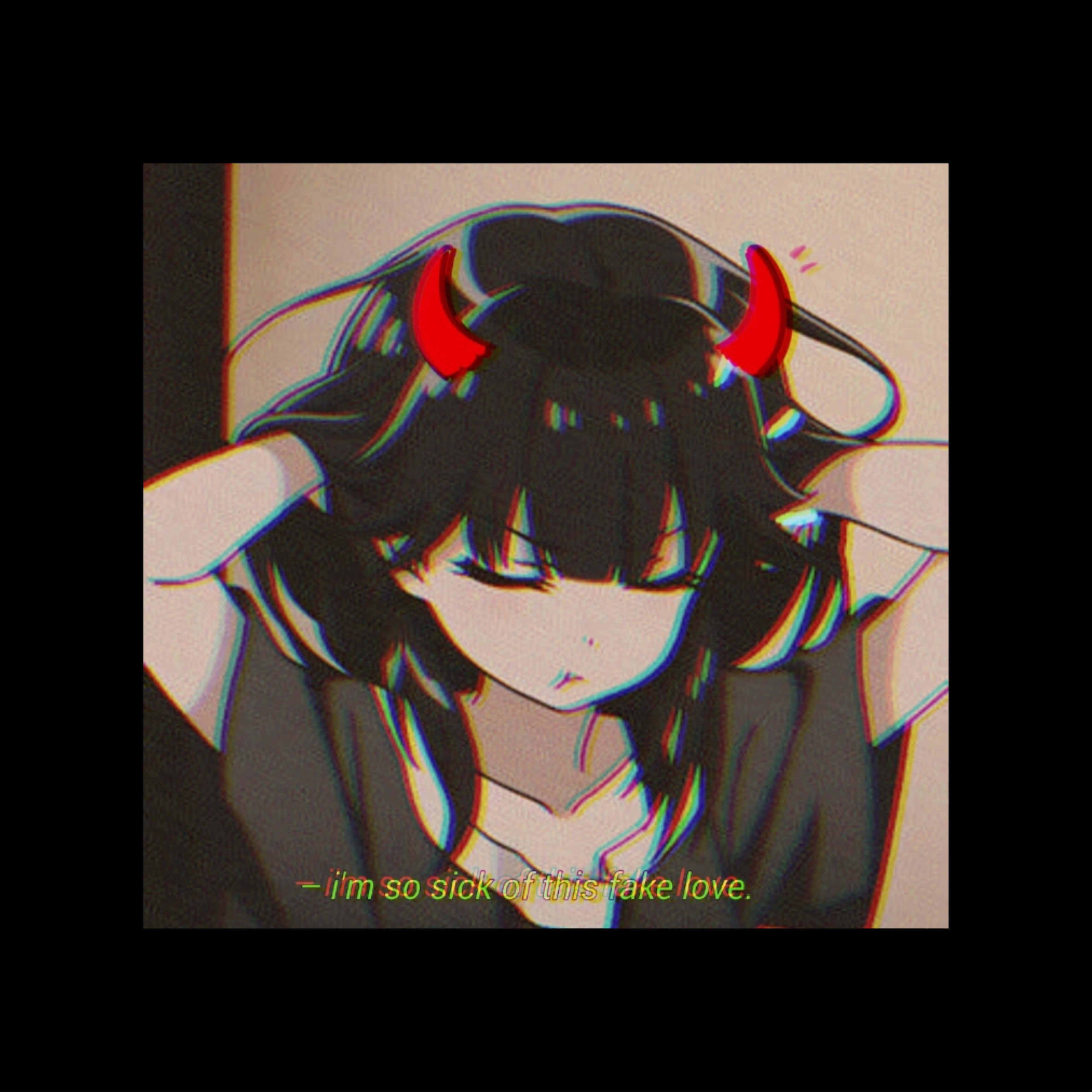黑色動漫頭像 紅角少女 壁紙