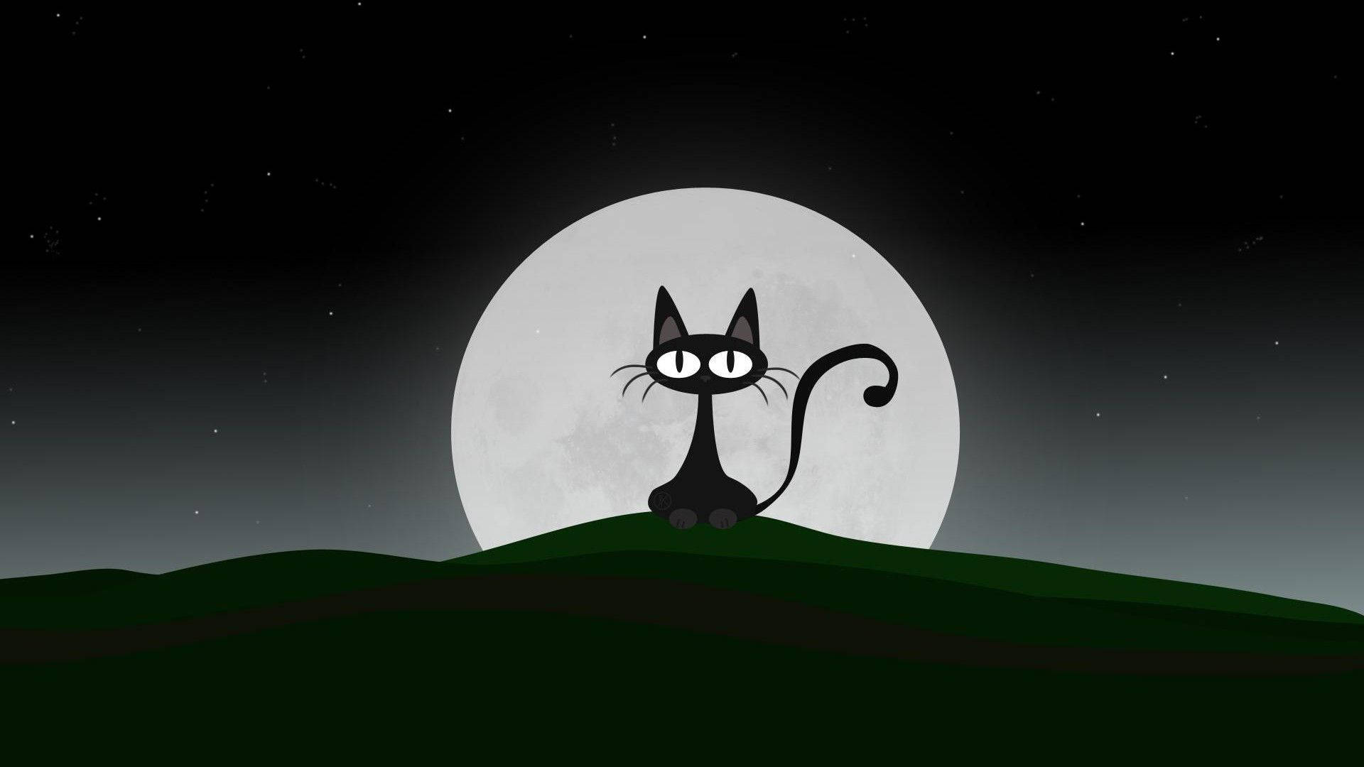 黑色卡通猫与月亮 壁紙