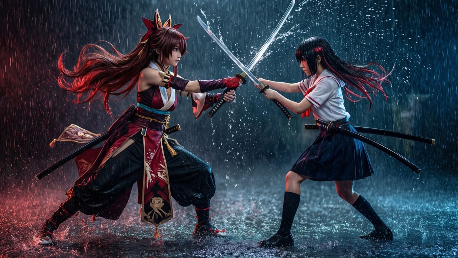 龙子与皋月在雨中决斗 壁紙
