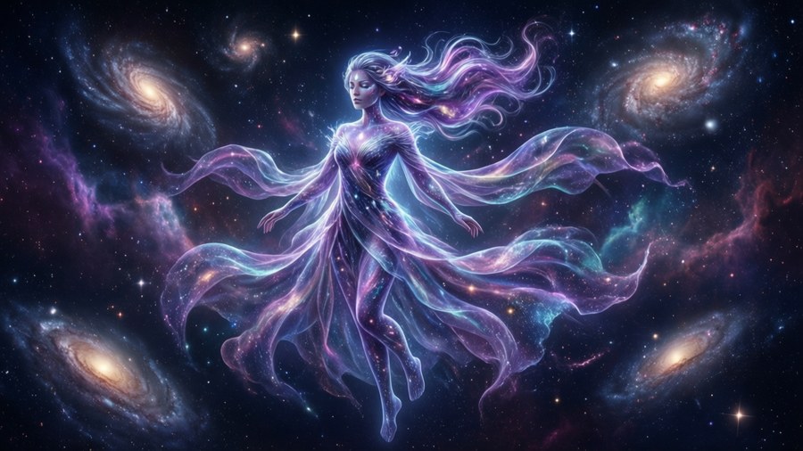 阿斯特拉漂浮在星空與銀河之間