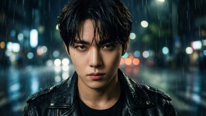 Bang Chan 身穿皮革外套，在夜晚的雨中