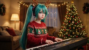 初音未來穿著聖誕毛衣彈奏鍵盤 — 动漫圣诞 壁紙