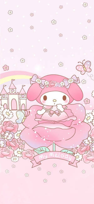My Melody 與玫瑰花朵桌布 — iPhone 16 壁紙