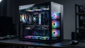 一台配備發光 RGB 元件、簡約風格的高階電競電腦 — 遊戲動圖 壁紙