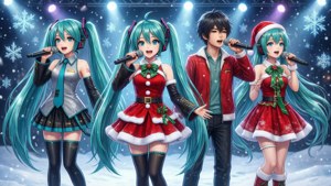Vocaloid角色在雪景舞台上進行聖誕音樂會 — 动漫圣诞 壁紙