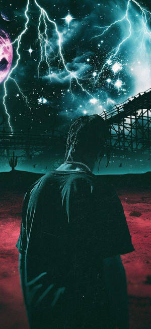 Astroworld壁纸，特拉维斯·斯科特与闪电背景的美学图像
