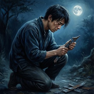 生駒在月光下跪著懺悔，身旁有一塊破碎的金屬碎片。 — Pixel Watch 5 壁紙
