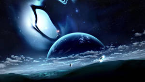 夜空中带有白色光晕的巨大蓝色月亮壁纸。