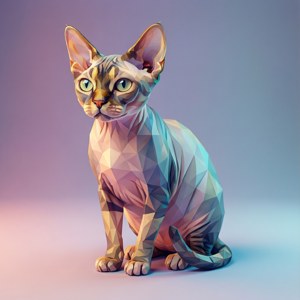 德文雷克斯猫的现代低多边形 3D 渲染，呈现柔和彩色多面体形状。 — Pixel Watch 4 壁紙