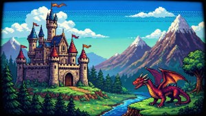 一幅复古像素艺术风景，描绘城堡与巨龙。 — 遊戲動圖 壁紙