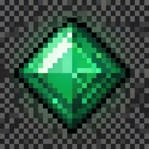 8位像素艺术风格的Minecraft翡翠宝石，置于棋盘格背景上。 — 华为nova Flip 壁紙