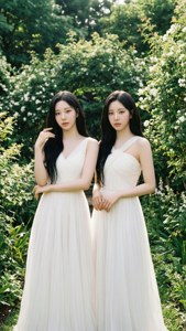 TWICE身著白色洋裝，置身於綠意盎然的花園中，柔和陽光照耀。 — 트와이스 壁紙