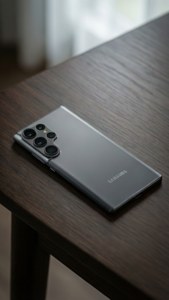 S24 Ultra 置于深色木质桌面，柔和灯光营造出简约壁纸风格。