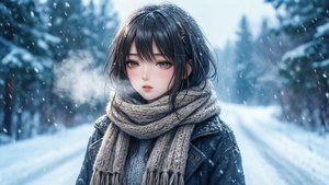 動漫女孩在雪白冬日景色中享受漫步時光。