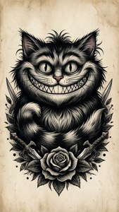 以傳統刺青圖案風格呈現的柴郡貓。 — 柴郡猫 壁紙