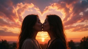 浪漫的LGBTQ+情侶剪影在夕陽下接吻，伴隨心形雲朵。