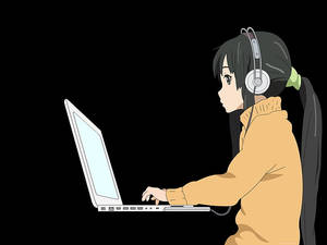 动漫女孩在白色轻薄笔记本电脑上工作 — 动漫笔记本 壁紙