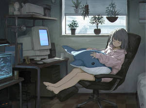 动漫女孩在笔记本电脑前入睡 — 动漫笔记本 壁紙