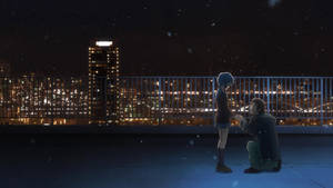 動漫校園夜景 長門有希與阿虛在天台