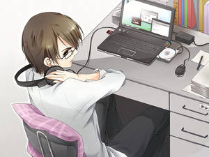 動漫男子戴著耳機使用筆記型電腦 — 动漫笔记本 壁紙