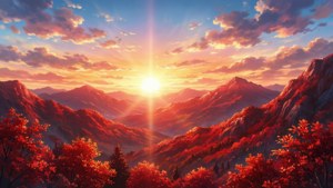 動漫風格的鮮紅山景，夕陽西下