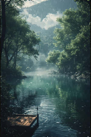 動漫,湖泊,雨,森林,綠色,霧,山巒,棧橋,寧靜,憂鬱,自然,風景,4K — iPhone 4 壁紙