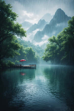 動漫,湖泊,雨,森林,綠色,霧,山巒,棧橋,寧靜,憂鬱,自然,風景,4K — iPhone 4 壁紙