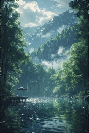 動漫,湖泊,雨,森林,綠色,霧,山巒,棧橋,寧靜,憂鬱,自然,風景,4K — iPhone 4 壁紙