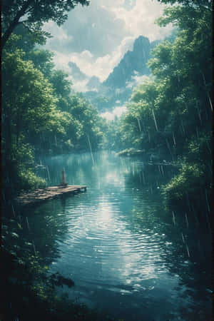 動畫,湖泊,雨,森林,綠色,迷霧,山脈,碼頭,寧靜,憂鬱,自然,風景,4K — iPhone 4 壁紙