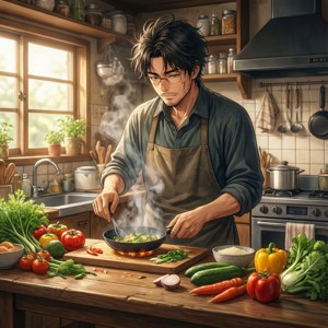 Tome Kurata 在舒适的厨房里烹饪，温暖的灯光和新鲜的食材营造出温馨氛围。 — Pixel Watch 壁紙