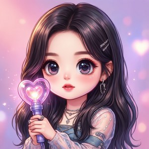 一幅可愛的Q版插圖，描繪了一位手持螢光棒的Kpop偶像。 — Kpop 動圖 壁紙