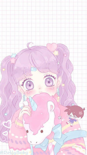 可愛動漫女孩與獨角獸玩偶 — 可愛動漫 壁紙