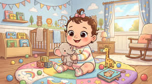嬰兒,育嬰室,卡通,插畫,兒童,房間,室內,可愛,玩具,嬰幼兒,學步兒,遊戲室,粉彩,角色,絨毛動物,大象,嬰兒床,積木,設計,背景