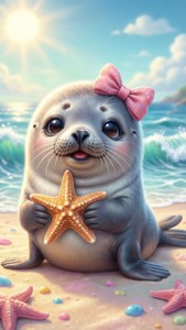 沙灘上戴著蝴蝶結的可愛海豹。 — 卡哇伊 壁紙
