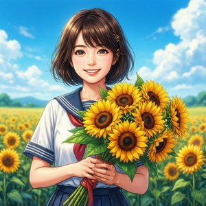 Sanae Furukawa 在田野中手持向日葵。 — Pixel Watch 壁紙