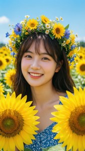 戴着花冠的唯美女孩置身于向日葵花田中。