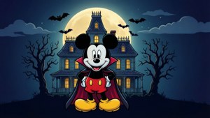 米老鼠化身吸血鬼，扁平向量风格搭配鬼魅 mansion。