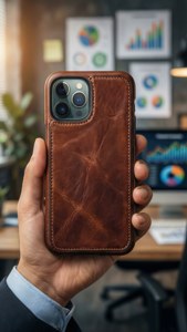 專業人士手持裝有皮革保護套的iPhone 11 Pro Max，背景為辦公室。