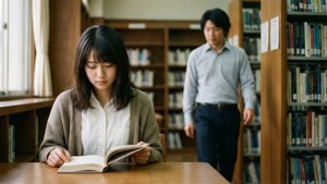 理佳子在图书馆读书，拓也正走近