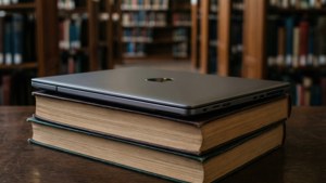 一台Chromebook放置在圖書館的書籍上，非常適合學習主題。