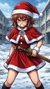 逢坂大河身穿圣诞服，手持木刀立于雪中 — 动漫圣诞 壁紙