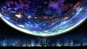 城市夜空上的星系月亮艺术壁纸 — 唯美月亮 壁紙